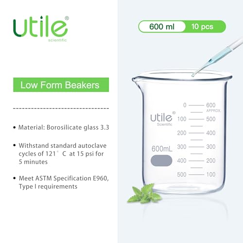 Utile 10 Pcs Glass Beaker Set, Vol.600ml Beakers, Glass Beaker with Double Scale Printed Graduation, 4000.0600.10-X - style: 10 pcs of 600ml