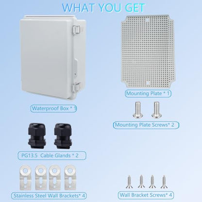 Waterproof Junction Box, ABS Plastic Electrical Box with Stainless Steel Latch, Hinged Cover Electric Project Enclosure Box with Mounting Plate, Wall Brackets & Cable Gland 8.7"x6.7"x4.3" - color: Grey, size: 8.7"x6.7"x4.3"