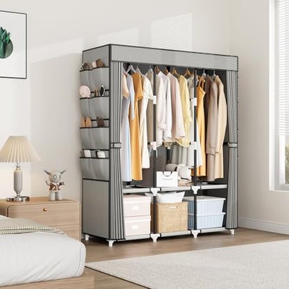 Portable Closet with Cover, 3 Hanging Rods and Side Pocket, Sturdy Free Standing Closet, Grey - color: Grey, size: 3 Row - 49.2'' Wide