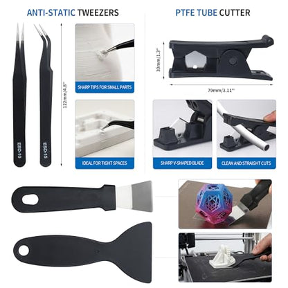 61-Piece 3D Printer Tool Kit with Hard Case, Deburring Tool, Craft Knife, Hand Drill, Needle Files, Scrapers, Nozzle Cleaning Needles & PTFE Tube Cutter for FDM/SLA Printers