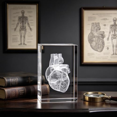 3D Human Heart Anatomical Model Paperweight(Laser Etched) in Crystal Glass Cube Science Anatomy Gift (No Included LED Base)(3.1x2x2 inch)
