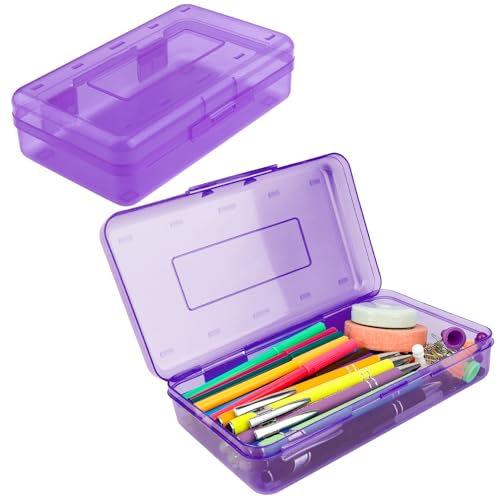 Pencil Box, Clear Pencil Case, Large Capacity Plastic Hard Pencils Case Crayon Box with Snap-Tight Lid Stackable for Kids Adult Student Pens Pencils School Supplies Storage Office Supplies, Purple - color: Purple