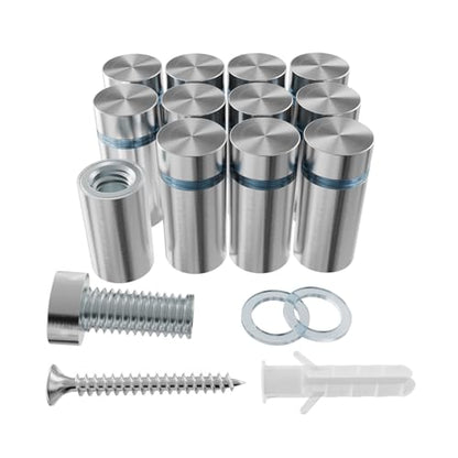 12-Pack Stainless Steel Standoff Screws with Wall Anchors & Rubber Pads – Sign Mounting Hardware for Acrylic Signs, Photo Frames, Advertising Boards, Silver(1/2" x 1" / 12mm x 25mm)