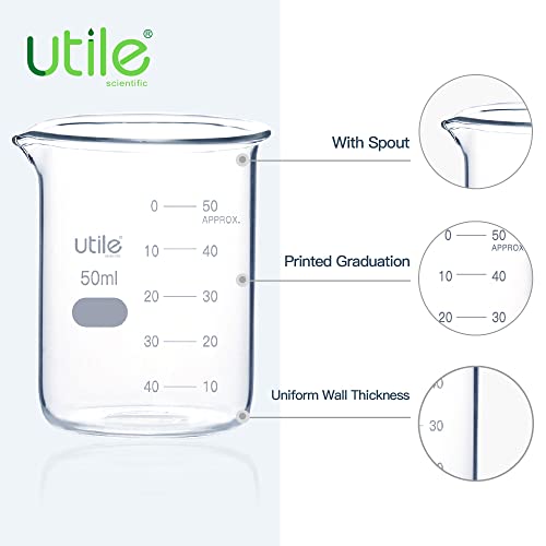 Utile 50ml Beaker Shot Glasses, Low Form Glass Beaker Set, 10pcs of 1.7oz(50ml) Borosilicate 3.3 Glass Chemical Beakers with Double Scale Printed Graduation, 4000.0050.10 - style: 50 ml (10pcs)