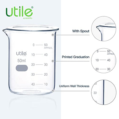 Utile 50ml Beaker Shot Glasses, Low Form Glass Beaker Set, 10pcs of 1.7oz(50ml) Borosilicate 3.3 Glass Chemical Beakers with Double Scale Printed Graduation, 4000.0050.10 - style: 50 ml (10pcs)