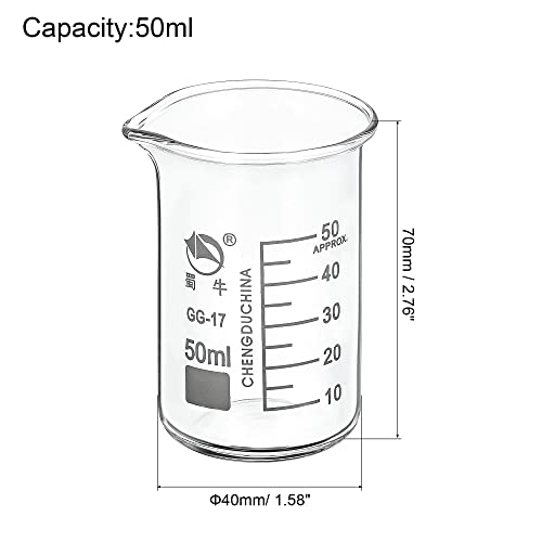 PATIKIL 50ml Tall Form Glass Beaker, 3.3 Borosilicate Glass Graduated Printed Scale Measuring Cups with Spout for Kitchen Lab Liquids Transit Boiling - size: 50ml