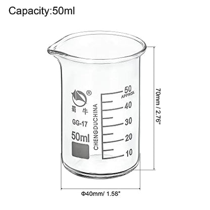 PATIKIL 50ml Tall Form Glass Beaker, 3.3 Borosilicate Glass Graduated Printed Scale Measuring Cups with Spout for Kitchen Lab Liquids Transit Boiling - size: 50ml