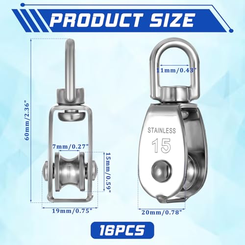 16 Pack M15 Small Rope Pulleys 304 Stainless Steel Wire Rope Cable Pulley Wheel Heavy Duty Clothes Line Swivel Pulley Hanging Wire Towing Wheel for Lifting