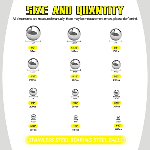 265 Pcs 12 Sizes Precision Bearing Steel Ball Assortment Kit with Storage Box 1/2'' 3/32’’ 1/8" 5/32" 3/16" 7/32" 1/4" 9/32" 5/16" 11/32" 3/8" 13/32"