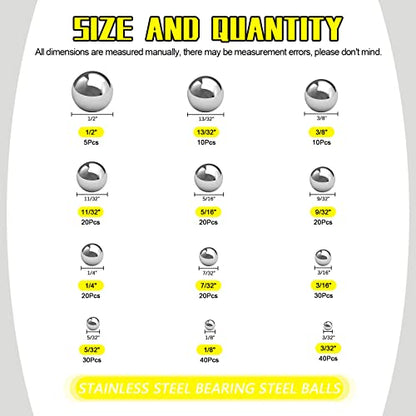 265 Pcs 12 Sizes Precision Bearing Steel Ball Assortment Kit with Storage Box 1/2'' 3/32’’ 1/8" 5/32" 3/16" 7/32" 1/4" 9/32" 5/16" 11/32" 3/8" 13/32"