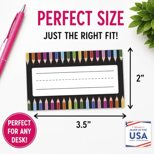 Andaz Press Desk Name Tags for Classroom, 20 Pack Waterproof Vinyl Student Name Labels 3.5 x 2 in, Write-On Cubby & Bin Labels, Colored Pencil Border Back to School Name Plates - color: Colored Pencil Border