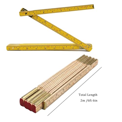 Folding Wooden Ruler 2 Pack, 6.6 FT, Foldable Yard Stick with US and Metric - color: Natural Wood+Yellow