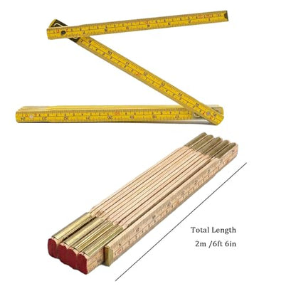 Folding Wooden Ruler 2 Pack, 6.6 FT, Foldable Yard Stick with US and Metric - color: Natural Wood+Yellow