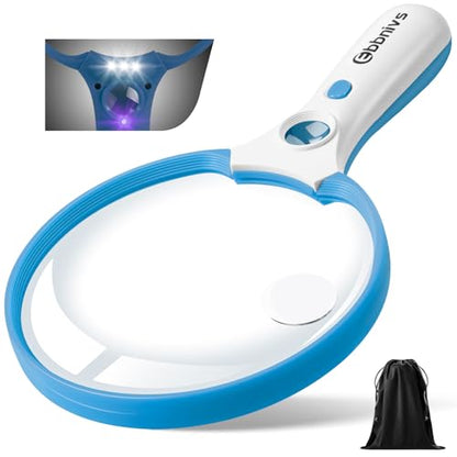Large Magnifying Glass with Light, Magnifier Handheld Illuminated Lighted Magnifier with 3 LED Lights 1UV Light Storage Bag Clean Cloth for Seniors Reading Inspection (Blue) - color: Blue
