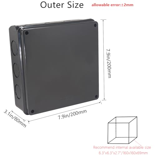 Outdoor Waterproof Box,Junction Box Reserved Holes IP65 ABS Plastic Electrical Boxes Power Cord Enclosure Project Box Black Outer Size 7.9 x 7.9 x 3.1 inch(200x200x80mm) - size: 7.9" x 7.9" x 3.1"