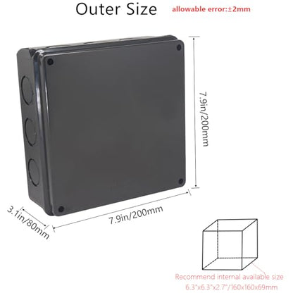 Outdoor Waterproof Box,Junction Box Reserved Holes IP65 ABS Plastic Electrical Boxes Power Cord Enclosure Project Box Black Outer Size 7.9 x 7.9 x 3.1 inch(200x200x80mm) - size: 7.9" x 7.9" x 3.1"