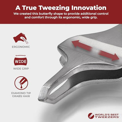 World's Best Tweezers Diamond Butterfly Tweezers - Wide Grip Slant Tip Precision Tweezers for Eyebrow, Facial & Ingrown Hair Removal - Perfectly Aligned Tool for Women&Men - Silver Stainless Steel - style: Butterfly Diamond Tip
