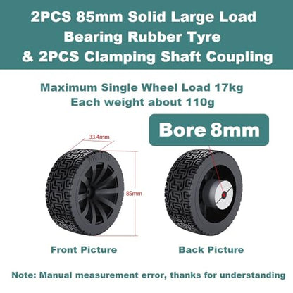 2PCS 65mm Dia Large Load Bearing Rubber Tyre & 2PCS 8mm Bore Clamping Hexagonal Shaft Coupling Suitable for Remote Controlled RC Smart Car Robot Wheel Tyres
