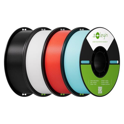 Soleyin PLA Filament 1.75mm 4KG, 3D Printer Filament 4 Pack 1kg Spool, Neatly Wound, ±0.02mm Accuracy, High-Speed & Strong Toughness, No Warping, Fits Most FDM Printers (Black & White & Red & Blue) - color: 4*1kg Black & White & Red & Blue, size: Pla