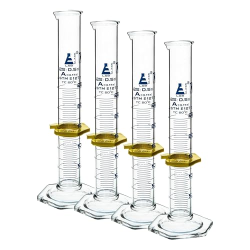 Graduated Cylinder, 25mL - ASTM, Class A Tolerance ±0.17mL - Protective Collar, Hexagonal Base - Blue Graduations - Borosilicate 3.3 Glass - Eisco Labs (Pack of 4) - size: 25mL (Pack of 4)
