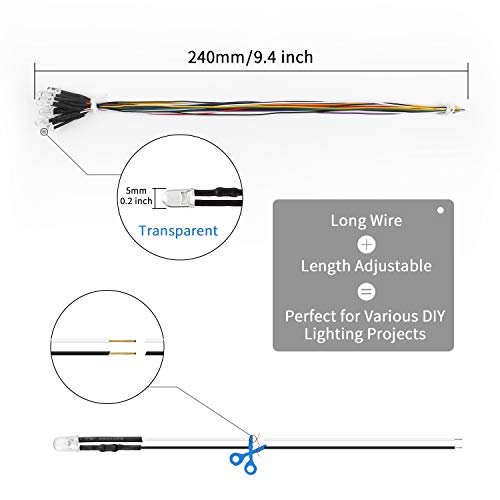 DiCUNO 100Pcs 5MM Pre Wired 12V Daylight White LED Diodes, 9.4 Inch Lead - color: Daylight White