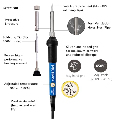 Soldering Iron Kit, 60W Adjustable Temperature 5-in-1 Solder Wire, Stand, Sponge, Rosin Paste Flux, Fast Heating Desoldering Tool for Electronics Repair Hobby DIY 120 V US Plug - color: Soldering Iron Kit 7