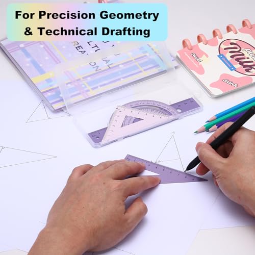 PATIKIL Geometry Set 2Pcs 7" Aluminum Ruler & 4 Triangles, Metal Protractor - color: Gradient Blue, size: 7 Inch