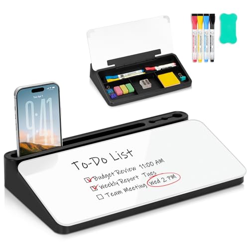 Small Desktop Glass Whiteboard with Storage, Desk Dry Erase White Board - color: Black-white