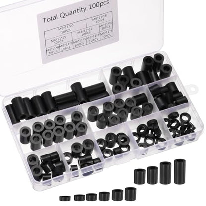PATIKIL M6 Nylon Spacers, 100Pcs Plastic Spacer Assortment 6mm ID x 11mm OD Spacer Screw Standoff Round Electrical Outlet Spacers for 1/4in Screw Bolts Hardware Receptacle, Black
