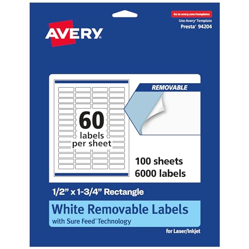 Avery® Matte White Removable Rectangle Labels, Sure Feed® Technology, Print-to-The-Edge, 0.5" x 1.75", 6,000 Removable Labels, Laser/Inkjet Printable - style: 6,000 labels