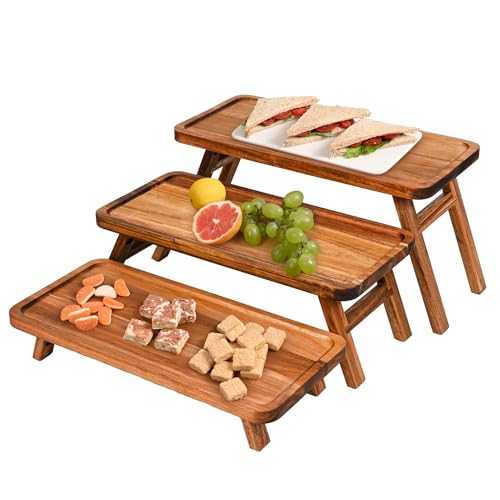 GEHE 3 Tier Serving Tray Acacia Wooden Tiered Tray Stand Foldable Dessert Table Display Set Decor Charcuterie Boards for Party, Birthday, Wedding, Christmas - color: Acacia Brown