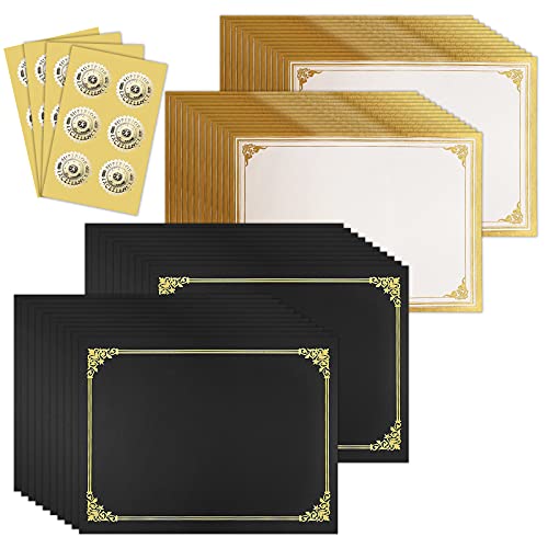 SUNEE 75pcs Certificate Kit, Includes 25pcs Black Certificate Holders & 25pcs Letter Size Certificate Papers & 25pcs Gold Foil Award Seals, for Diploma, Award, Accomplishment - color: Black