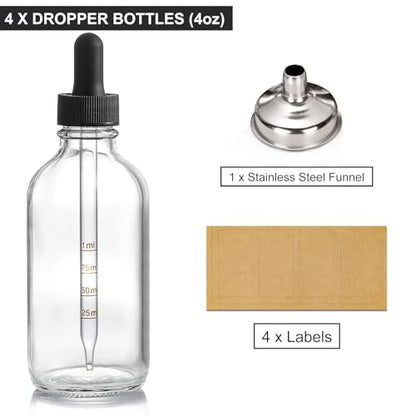 4 Pack 4oz Glass Dropper Bottles with Measured Dropper - 120ml Clear Tincture Bottles with Calibrated Glass Eye Droppers (1ml), Leakproof Essential Oil Bottle for Health, Personal Care & Beauty - color: Clear