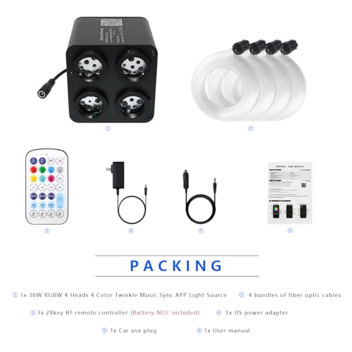AKEPO 36W 4 Color Twinkle Starlights Headliner Fiber Optic Lights Kit - size: 2400pcs*13.1ft*0.03in