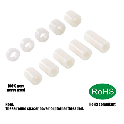 Glaks 150Pcs 10 Sizes Nylon Round Spacer Assortment Kit, OD 11mm ID 6.2mm for M6 Screws, Round Straight Tube, Nylon Standoff (3mm, 4mm, 5mm, 8mm, 10mm, 12mm, 15mm, 18mm, 20mm, 25mm)