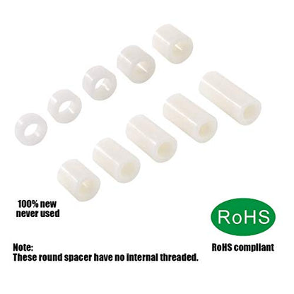 Glaks 150Pcs 10 Sizes Nylon Round Spacer Assortment Kit, OD 11mm ID 6.2mm for M6 Screws, Round Straight Tube, Nylon Standoff (3mm, 4mm, 5mm, 8mm, 10mm, 12mm, 15mm, 18mm, 20mm, 25mm)