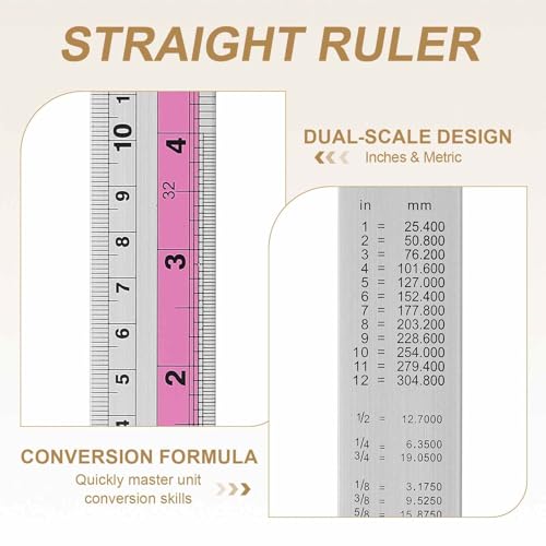 HARFINGTON 4pcs Metal Straight Ruler 30cm Metric SAE Aluminum Alloy Measuring Rulers Scale Tools with Hole for Measure Study Reading Classroom Office, Pink - color: Pink, size: 30cm