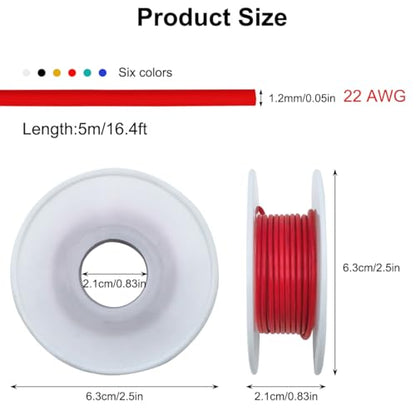 22 AWG Stranded Hookup Wire, 22 Gauge Tinned Copper Electrical Wires, 6 Colors x 16.4ft (98.4ft Total) Flexible PVC Wire Kit for Arduino, Breadboard, Electronics, 300V, VW-1