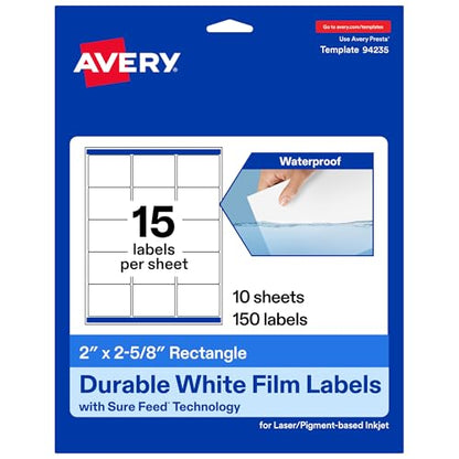 Avery® Printable Durable White Rectangle Labels, Sure Feed® Technology, 2" x 2-5/8", Waterproof Labels, Laser & Pigment-Based Inkjet Compatible, 150 Total - style: 150 labels