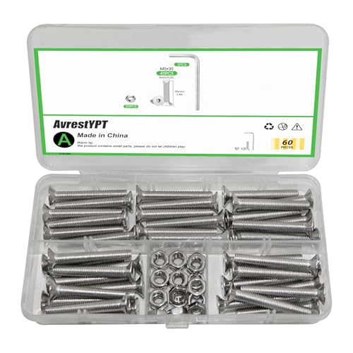 M5x35mm Countersunk Hex Screws Set - 40PCS Bolts + 20PCS Nuts + Allen Wrench, Stainless Steel Flat Head Socket Screws for Furniture & DIY - size: M5x12mm-60Pcs