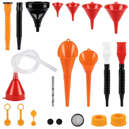 19Pcs Flexible Hose Funnel kit, Sturdy Plastic Automotive Funnel Set, Practical car Funnel Set, Versatile funnels for Automotive use for Oil, Coolant & Recessed Fillers