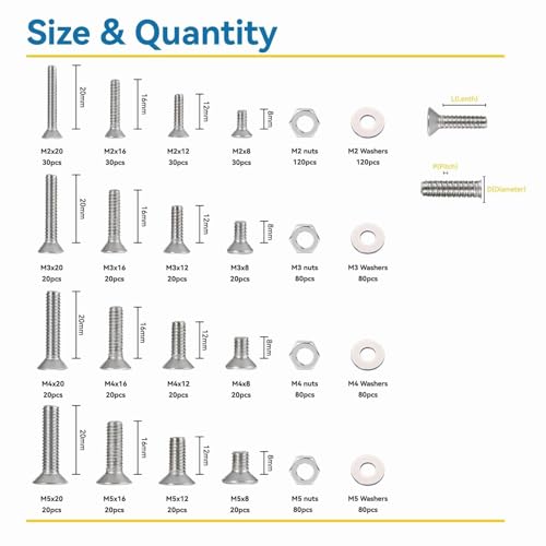 1080Pcs M2 M3 M4 M5 Screw Assortment, Metric Flat Countersunk Head Socket Cap Bolts, Stainless Steel Screws Nuts and Washers with 4 Hex Allen Wrenches, Full Thread - size: Hex Flat Head Countersunk
