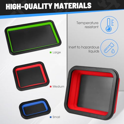 3Pcs Collapsible Magnetic Parts Tray Set, 3 Different Size Tool Trays - color: Green (L) +Red (M) + Blue (S)