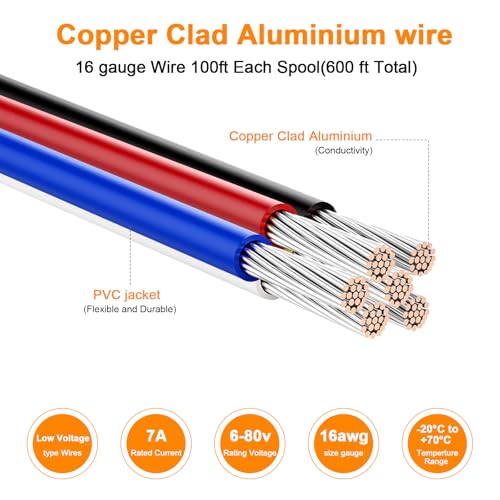 VIABRICO 16 Gauge Wire - 600FT, 100FT Spool, 6 Colors, Copper Clad Aluminium, Low Voltage, Hookup Wire Kit for Breadboard/Automotive/DIY/Battery - size: 16AWG-600FT