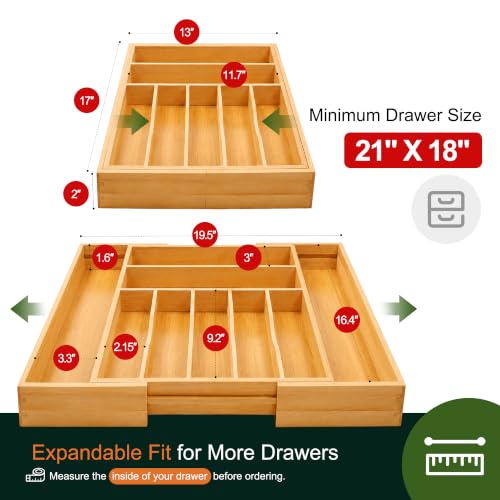 Large Premium Bamboo Silverware Organizer - Expandable Drawer Organizer & Utensil Organizer - 17"x19.7" Cutlery Tray with Dividers for Kitchen Utensils and Flatware (7-9 Slots) (Natural) - color: Natural, size: 9 Slots Expandable
