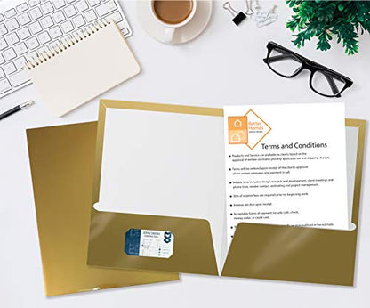 Better Office Products 2 Pocket Glossy Laminated Metallic Gold Paper Folders, Letter Size, 25 Pack, Paper Portfolios Box of 25 - color: Metallic Gold