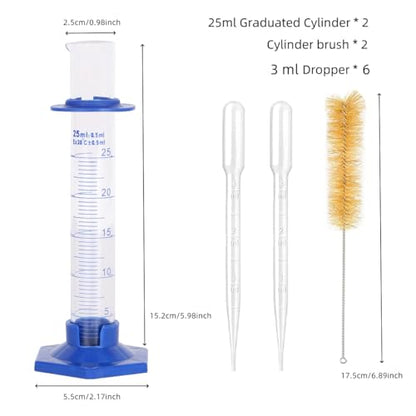 2Pcs 25ml Graduated Cylinder, Thick Glass Measuring Cylinder, with Anti-Falling Plastic Base and Bumper Guards, for Science Laboratory Measuring Liquid, Bring 2 Brushes and droppers - size: 25ml