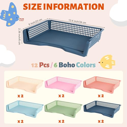 Aneco 12 Pack Turn in Trays Classroom Boho Color Stackable Paper Tray Teachers Desk Organizer Bin for Classroom Teachers Organization Office Home Paper Storage,13.4 x 10.2 x 9 Inch