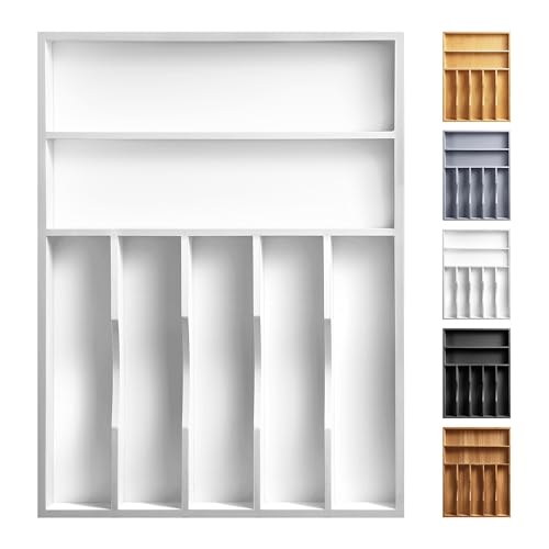 Kitchen Bamboo Silverware Organizer, Kitchen Drawer Organizer - Utensil Holder and Cutlery Tray with Grooved Drawer Dividers for Flatware 7 Slot, White - color: White, size: 7 Slots