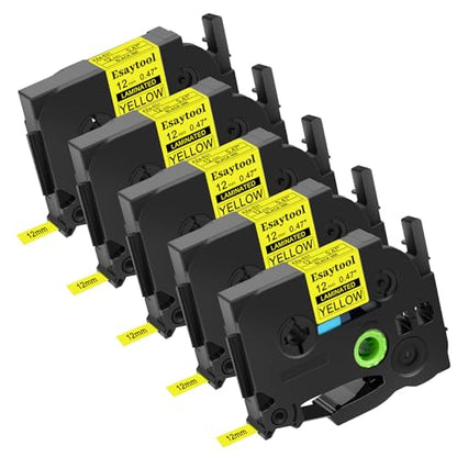 5 Pack Compatible with P-Touch TZe-631 AZE-631 TZ-631 Black on Yellow 12mm 0.47'' Laminated Label Tape Replacement for Ptouch PT-H100 PT-D200 D210 D400 PT-P700 PT-1000 PT-2030 Label Maker - color: Black on Yellow, size: 12mm
